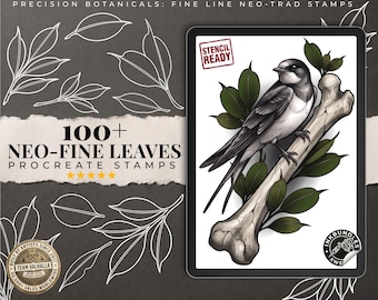 May include: A digital stamp set titled Precision Botanicals: Fine Line Neo-Trad Stamps and 100+ Neo-Fine Leaves Procreate Stamps. The image features a swallow bird perched on a bone surrounded by dark green leaves, with a Stencil Ready label.