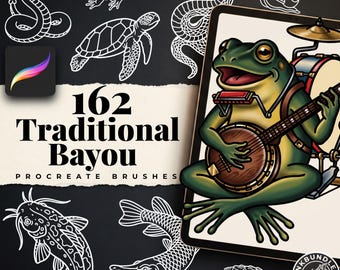 May include: A digital collection of 162 Traditional Bayou Procreate brushes featuring white line art of snakes, frogs, turtles, catfish, and fish, with a central color illustration of a frog playing a banjo, harmonica, and drums.