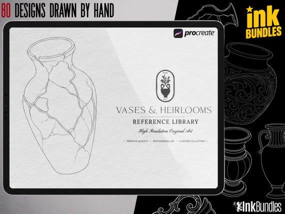 Procreate tattoo stencil, 80 vases and shards drawn by hand ~ Original tattoo templates