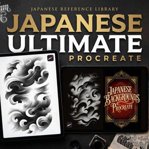 Japanese Tattoo Artist, Watercolor & Flash design kit (Digital Download) Procreate bundle, Washi + Art