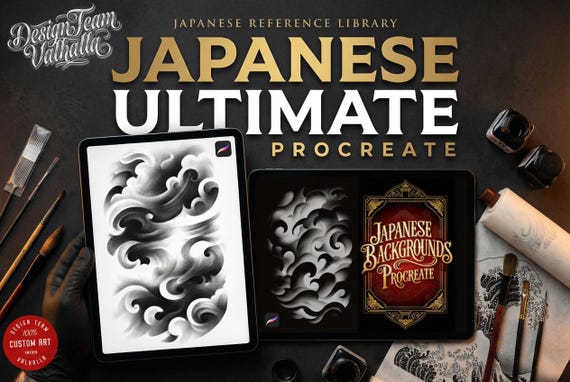 Japanese Tattoo Artist, Watercolor & Flash design kit (Digital Download) Procreate bundle, Washi + Art
