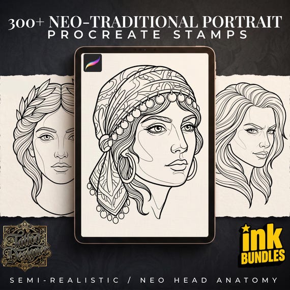 300 Neo-Traditional Lady Design Kit for Procreate | Head Templates, Hair, Ready-Made Stencils