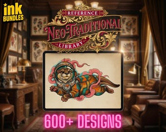 Neo-Traditional Tattoo stencil Library, Neo-trad tattoo flash art, Procreate, Pdf & PNG files - Digital download