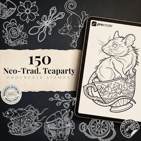 Procreate Original Neo Traditional Tattoo Bundle | Tea Party Tattoo Designs | + PNG | Floral Teacup Art |