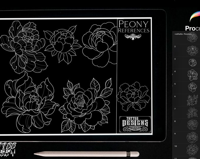 Peony collection ~ coloring projects, tattoo flash, palettes, custom art for Procreate