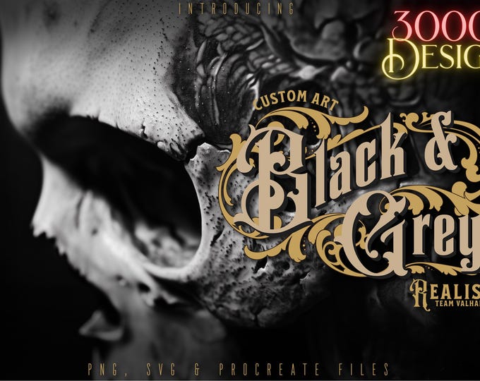 Black & Grey - XXL, Procreate stamps, Svg files, Png files, 3000+ elements, Tattoo flash art, Tattoo design collection, reference collection