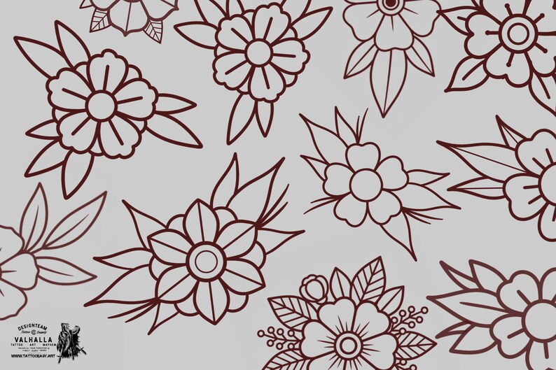 Traditional Tattoo Flowers 120 Files – Procreate Stamps | Old School ...