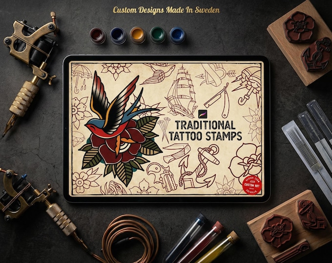 300+ Traditional Tattoo Flash Procreate Stamps: Old School Designs PNG & Brushes
