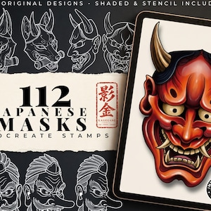 Puede incluir: Una colección digital de 112 sellos Procreate de máscaras japonesas con diseños de líneas blancas sobre fondo negro y una tableta que muestra una máscara Hannya roja y negra detallada con cuernos y dientes afilados, etiquetada como 112 Japanese Masks.