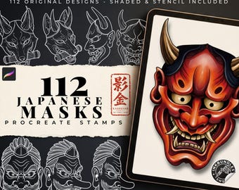May include: A digital collection of 112 Japanese mask Procreate stamps featuring white line art designs on a black background and a tablet displaying a detailed, colored red and black Hannya mask with horns and sharp teeth, labeled 112 Japanese Masks.