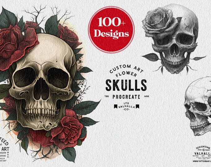 Skulls & flowers 100+ designs, custom references for Procreate
