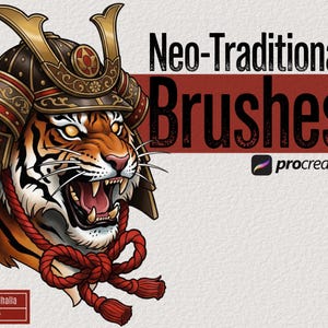 Può includere: Illustrazione di una tigre con un elmo da samurai, con il testo "Neo-Traditional Brushes" e il logo Procreate. La tigre è arancione, nera e bianca, con una corda rossa e un elmo marrone e oro.