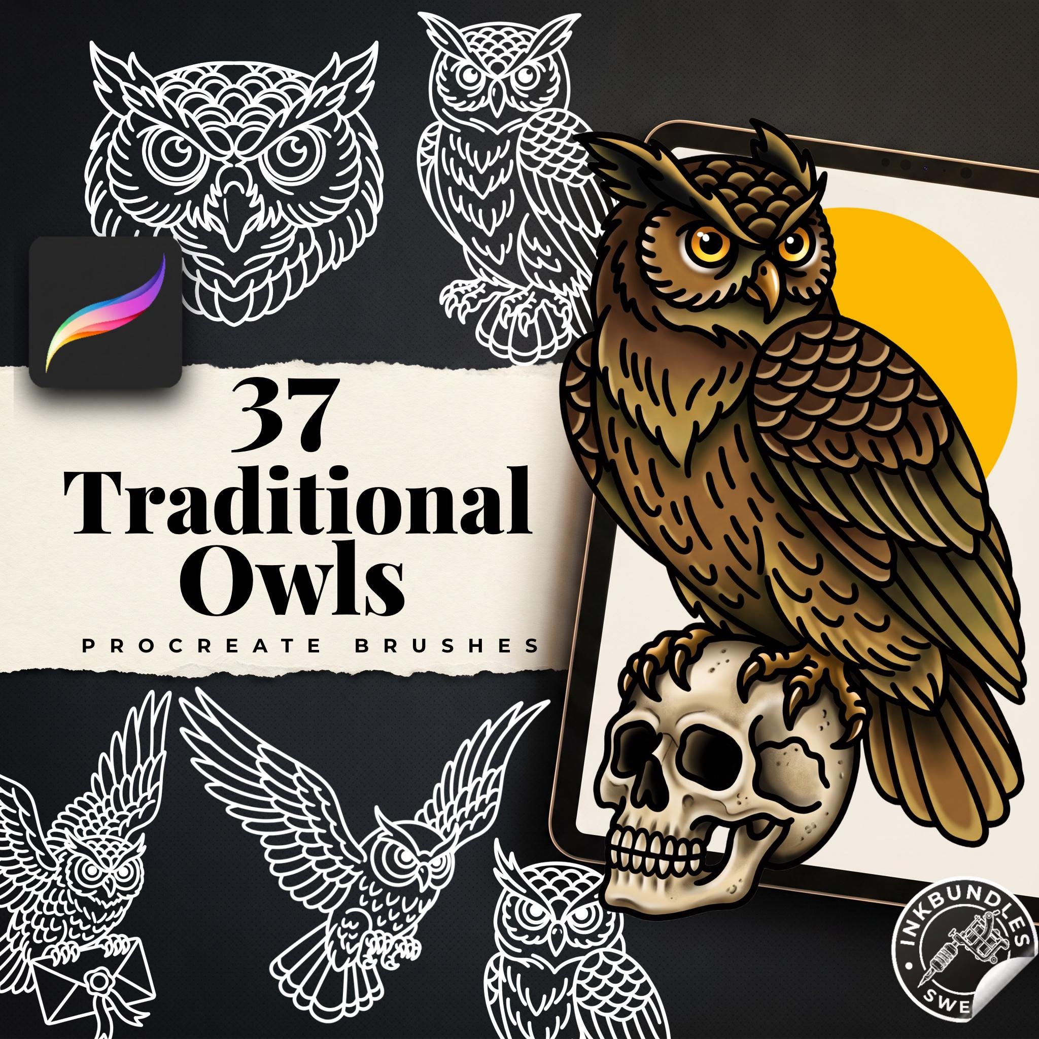 Procreate, Traditional Owls Tattoo flash art , 37 Unique references for Procreate, Outlined tattoo s