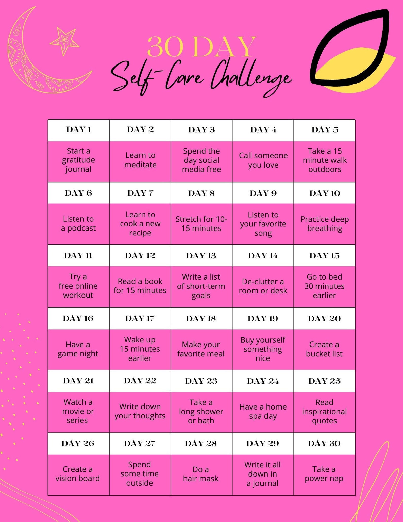 30 Day Self Care Challenge - Etsy