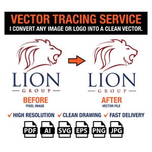 May include: A graphic advertisement for a vector tracing service featuring the text VECTOR TRACING SERVICE, I CONVERT ANY IMAGE OR LOGO INTO A CLEAN VECTOR. It shows a before and after comparison of a lion logo, with file icons for PDF, AI, SVG, EPS, PNG, and JPG.