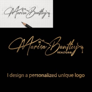 Könnte beinhalten: Ein goldfarbenes Logo-Design auf schwarzem Hintergrund mit dem kursiven Schriftzug Marisa Bantley und dem Wort REALTOR darunter. Das Logo enthält eine Strichzeichnung eines Hausdachs und eines Schlüssels. Der Text I design a personalized unique logo steht unten.