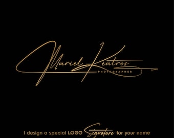 Puede incluir: Logotipo de firma en escritura dorada para un fotógrafo llamado Mariel Kentros.