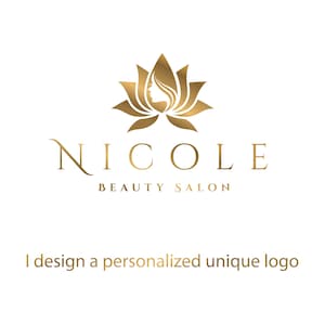 May include: Gold logo for Nicole Beauty Salon. The logo features a lotus flower design with a woman's silhouette in the centre. The salon's name is written in elegant gold lettering, with the tagline "Beauty Salon" below. The text "I design a personalized unique logo" is also included.