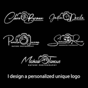 May include: Five different logo designs for photography businesses. Each logo features a stylized camera with a unique element inside the lens. The text below each logo identifies the photographer's name and specialty, such as "Pet Photography" or "Nature Photography".