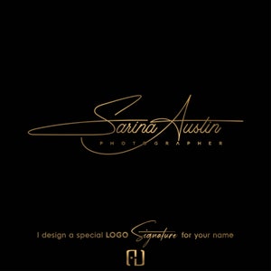 Könnte beinhalten: Goldene Schriftzeichen-Signatur-Logo für Sarina Austin Fotografin. Der Text "I design a special LOGO Signature for your name" befindet sich unter dem Logo.