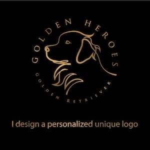 Puede incluir: Un logotipo de arte lineal dorado sobre fondo negro que presenta el perfil de un perro Golden Retriever. El texto dice GOLDEN HEROES en un arco circular arriba y GOLDEN RETRIEVER abajo. En la parte inferior, el texto dice I design a personalized unique logo.