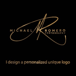 May include: A gold logo on a black background. The logo features the name "MICHAEL ROMERO" and the word "PHOTOGRAPHY" in a serif font. The initials "MR" are stylized in a cursive script. The text "I design a personalized unique logo" is below.