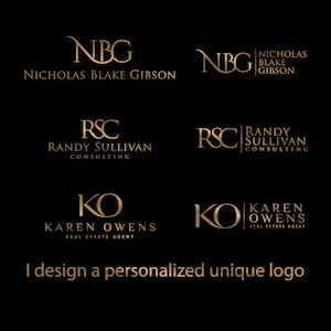 Peut inclure: Une collection de logos typographiques de couleur dorée sur fond noir présentant les initiales NBG, RSC et KO ainsi que les noms Nicholas Blake Gibson, Randy Sullivan Consulting et Karen Owens Real Estate Agent avec le texte I design a personalized unique logo.