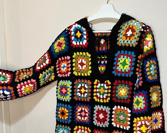 Handmade Crochet Granny Square Hoodie - Colorful Vintage Sweater -Inspired Knitwear Cardigan - Retro Knit Hoodie - Bohemian Patchwork Hoodie