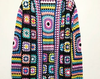 Suéter de crochet hecho a mano, cárdigan colorido de cuadros de abuela, chaqueta bohemia de punto vintage