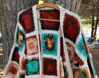 Hand-Knitted Multicolor Crochet Cardigan: Embroidered Wool Blend