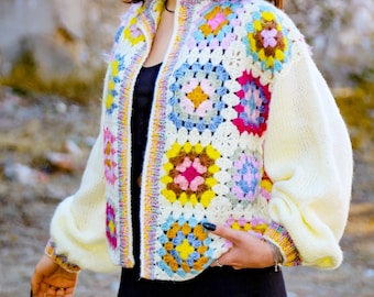 White Cotton Cardigan, White Patchwork Crochet Jacket, Square White Patchwork Cardigan,  Boho Hippie Clothing, Granny Square Jacket