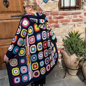 Granny Square Afghan Cardigan, Patchwork Cadigan, Boho Crochet Coat, Granny Square Crochet Cardigan, Oversized Cardigan, Long Hooded Coat