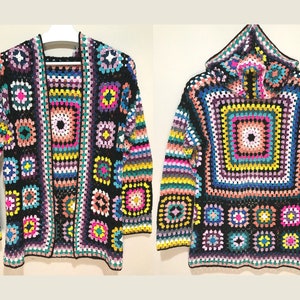 Crocheted Granny Square Cardigan: Women&#39;s Hooded Afghan Coat
