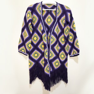 Purple Granny Square Crochet Coat: Hooded Afghan Cardigan