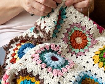 Handmade Crochet Granny Square Blanket: Colorful Boho Afghan Throw