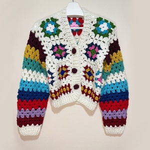 Knit Colorful Cardigan for Women, Cotton Cardigan, Knit CroppedSweater, Multi Color Patckwork Jacket, Chunky Cropped Cardigan, Gift for her