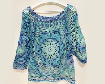 Handmade Cotton Crochet Tunic Top: Sleeveless Blue Blouse