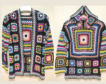 Crocheted Rebeccas Coat, Women crochet cardigan, Granny square coat, Afghan Cardigan, Hand knit afghan coat, Jacket with the hood