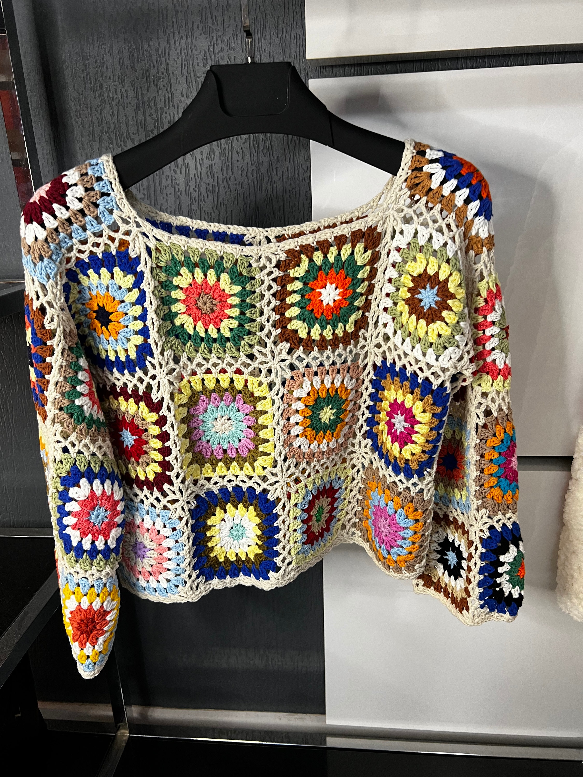 Handmade Multicolour Crochet Grey Purple Red Sparkle Granny Square Sweater M
