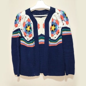 Blue Cardigan Hand-knitted, EmbroideryMulti Color Cardigan,Crochet Cardigan, Gift for her