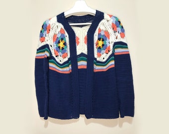 Blue Cardigan Hand-knitted, EmbroideryMulti Color Cardigan,Crochet Cardigan, Gift for her