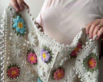 Crochet Flower Afghan: Granny Square Cotton Boho Blanket