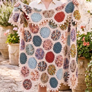 May include: A handmade crochet blanket featuring a repeating pattern of circular motifs in various colors including red, blue, yellow, and pink, joined by a cream-colored yarn. The edges are finished with a decorative border of small yarn pom-poms.