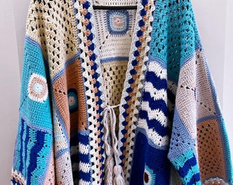Handmade Crochet Long Cardigan, Colorful Granny Square