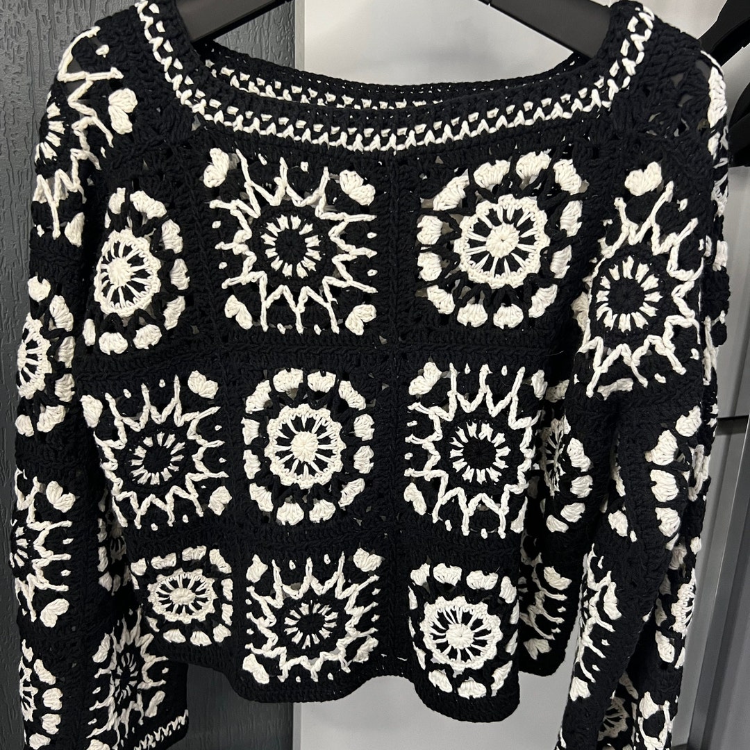 Crochet Sweater Women, Black White Crochet Boho Top, Hand Knitted ...