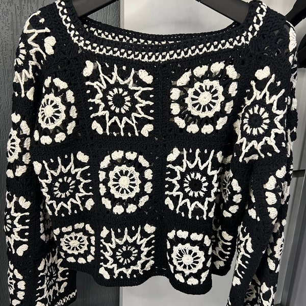 Crochet Sweater Women, Black White Crochet Boho Top, Hand Knitted Crochet Sweater Granny Square Sweater, , Ethnic Pattern Sweater