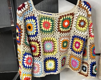 Colorfull Patchwork Crochet Sweater Women, Crochet Boho Top, Full Coloring Knitted Crochet Granny Square Sweater, Boho Style Woman Sweater