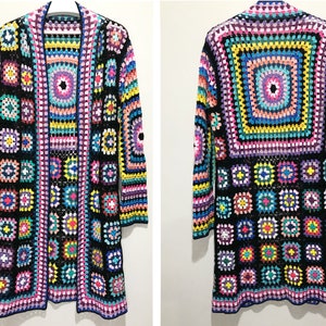 Granny Square Afghan Cardigan, Wool Patchwork Cardigan, Knitted Crochet Coat, Hooded Jacket, Boho Cardigan, Long Oversized Sweater