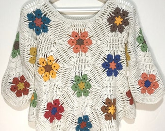 Grandma Square Hippie Style Pullover, Blumen Patchwork Pullover, Boho Style Pullover, Hippie Festival Top, Grandma Square Cropped Top