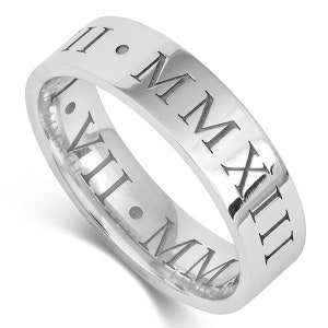 9ct White Gold Flat Court Roman Numerals Wedding Ring, Men and Women, From 5mm-8mm widths, UK Hallmark, Sizes M-Z+2